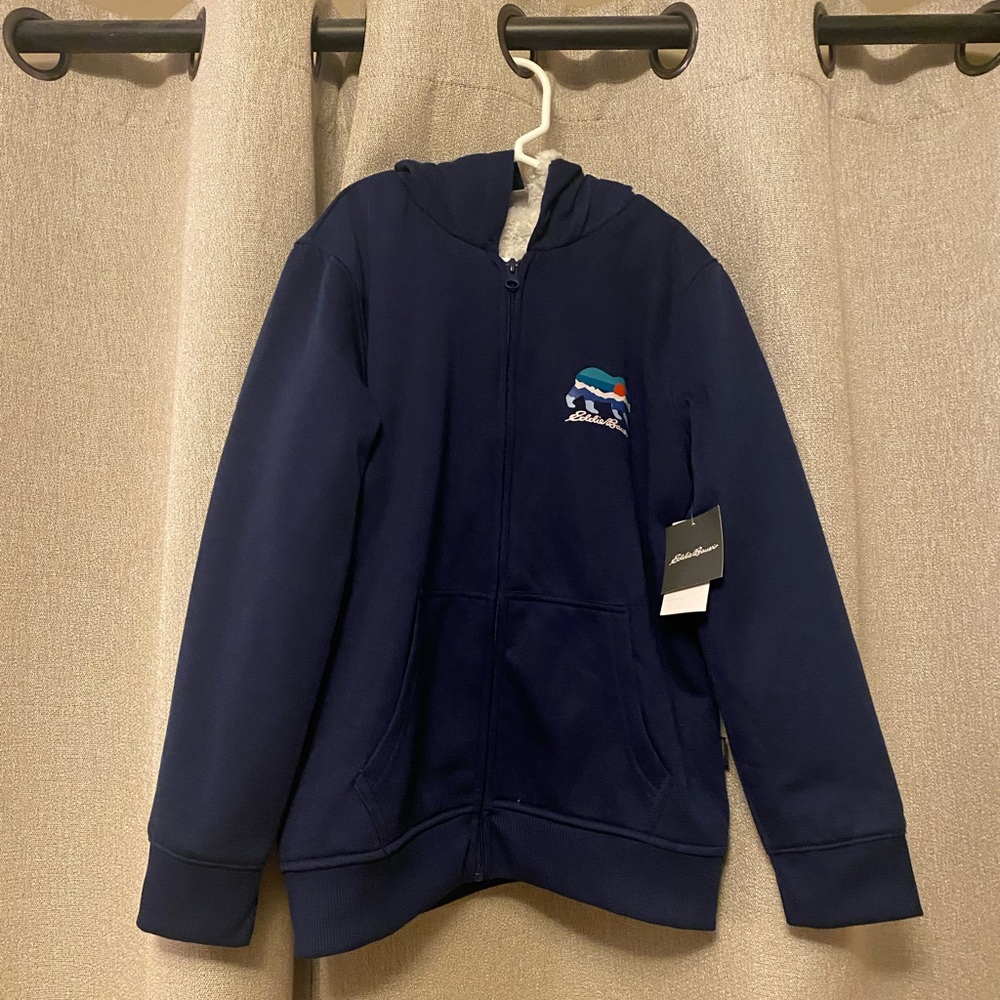 Kids Size M (10/12) Eddie Bauer Navy Blue Zip Up White Fleece Lined Jacket!